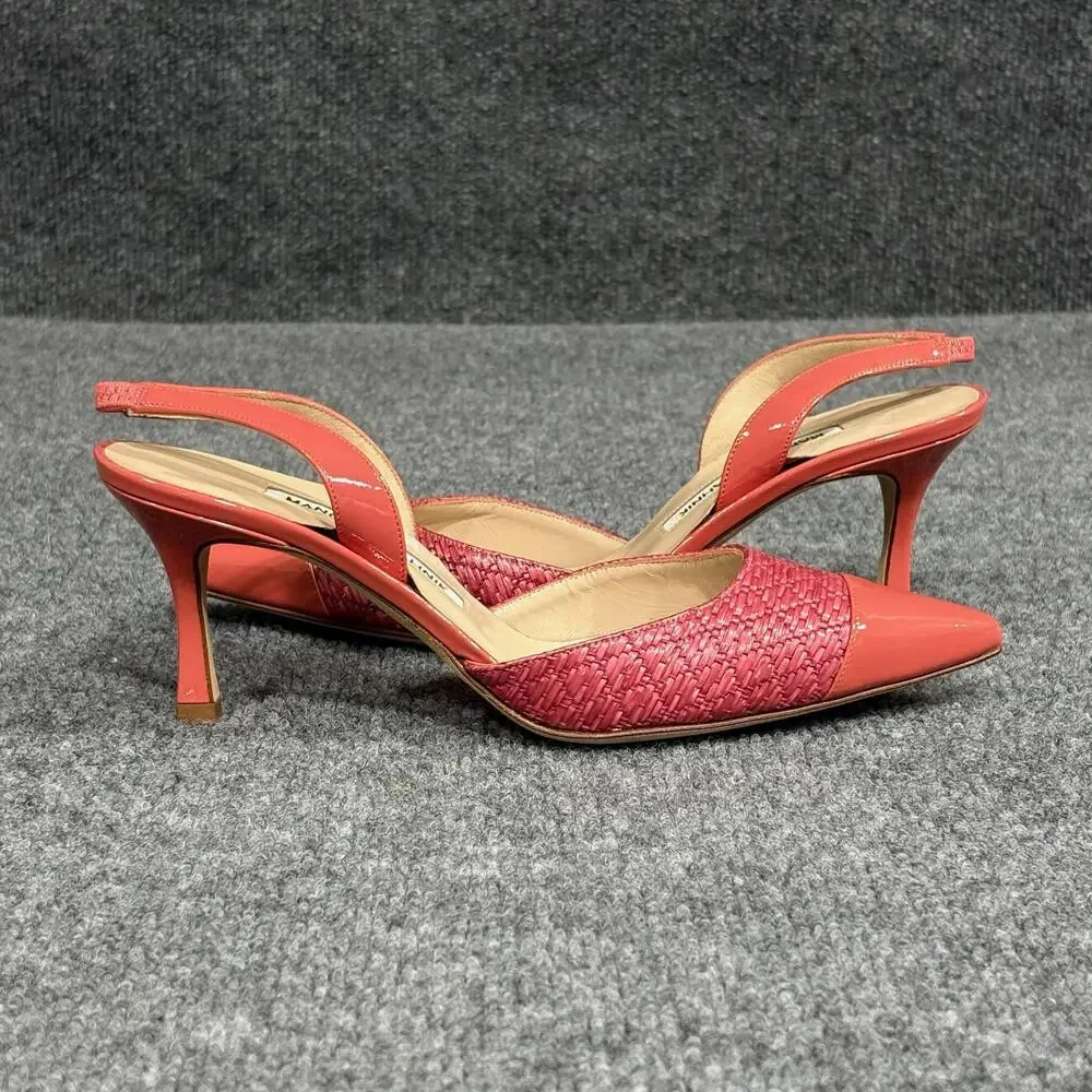 Manolo Blahnik Slingback Heels Womens 5 Pink Capsli Raffia Leather Italy Shoes